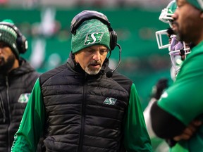 One of the first orders of business during what should be an eventful off-season for the Saskatchewan Roughriders is to decide on the future of head coach Craig Dickenson, shown Saturday during a 32-21 loss to the visiting Calgary Stampeders.