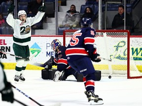 The Everett Silvertips celebrate a game-winning goal by Austin Roest against the Regina Pats on Saturday at the Brandt Centre.