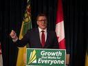 Premier Scott Moe speaks at a press conference in the Saskatchewan Legislative Building giving details on the governments Throne Speech on Wednesday.