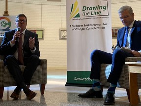 Premier Scott Moe speaks at an event hosted by the Battlefords Chamber of Commerce on Tuesday afternoon after his government released a policy paper that claims nine of the federal government’s environmental policies could “cost Saskatchewan’s economy $111 billion between 2023 and 2035.” PHOTO BY JEREMY SIMES/REGINA LEADER-POST