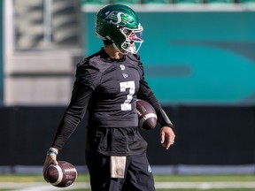 Roughriders quarterback Cody Fajardo is shown at practice on Tuesday, has been demoted to second string by head coach Craig Dickenson.