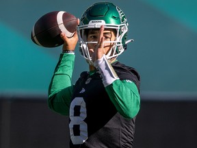 Mason Fine, shown at a recent practice, is to start at quarterback for the Saskatchewan Roughriders on Saturday against the visiting Calgary Stampeders.