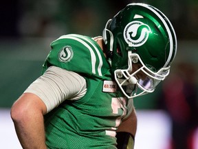 Cody Fajardo, a dejected figure after a 20-13 home-field loss to the Winnipeg Blue Bombers in the 2019 West Division final, is about to make his last appearance at Mosaic Stadium in green and white.