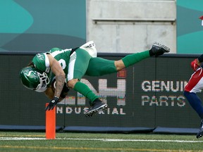 The Saskatchewan Roughriders' Kian Schaffer-Baker, shown scoring a touchdown July 2 against the Montreal Alouettes at Mosaic Stadium, has a shot at hitting the 1,000-yard receiving milestone this season.
