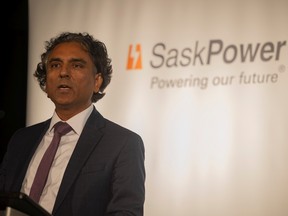 Rupen Pandya, SaskPower President and CEO speaks at a SaskPower press conference announcing a the small modular reactor (SMR) project at Hotel Saskatchewan on Tuesday, September 20, 2022 in Regina. KAYLE NEIS / Regina Leader-Post