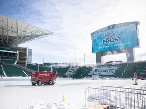 A Zamboni driver clears the ice at Iceville in Mosaic Stadium as a part of the FROST Regina festival on Friday, February 11, 2022 in Regina. The Frost festival ends Sunday, Feb. 13.