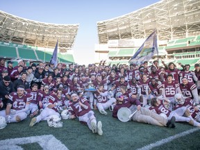 The Regina Thunder celebrates Sunday's 39-21 victory over the Saskatoon Hilltops at Mosaic Stadium.