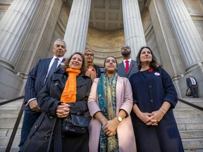 Representatives of groups opposed to Bill 21 met reporters on the steps of the Quebec Court of Appeal in Montreal ahead of hearings on Nov. 7, 2022.