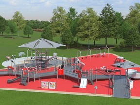 Canadian Tire Jumpstart Charities donated an inclusive playground and spray pad as a $1.2 million gift-in-kind to the City of Regina. The new accessible playground and spray pad was to be installed next to the Lawson Aquatics Centre in 2023. Photo: City of Regina Twitter, Oct. 27, 2021.