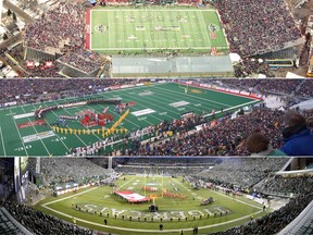 The game on Nov. 20 will be the fourth time Regina has hosted the Grey Cup. From top: 1995, 2003 and 2013.