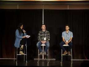 (L to R) Moderator Ami Caragata of AgTech Accelerator program, Kyle Folk the founder and CEO Ground Truth Ag., Brady Fahlmam the owner/operator of Fahlman Acres speak at a Founders, Farmers and the Future of Agtech panel at Agribition on Wednesday, November 30, 2022 in Regina.