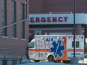 An ambulance arrives at General Hospital in Regina, Saskatchewan on February 20, 2020.