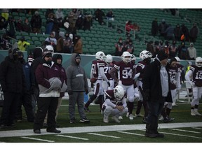 Members of the Regina Thunder stand dejected after being defeated by the  Okanagan Sun 21-19 In the Canadian Bowl on Saturday at Mosaic Stadium.