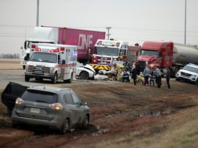 Regina Fire & Protective Services, police and EMS were all on the scene of a two-vehicle collision on the Ring Road South between Albert Street South and Wascana Parkway on Wednesday, November 2, 2022 in Regina.