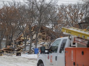 A building lies in pieces after an explosion inside the structure on Retallack street and 6th avenue cause damage around multiple surrounding streets on Sunday, November 13, 2022 in Regina.