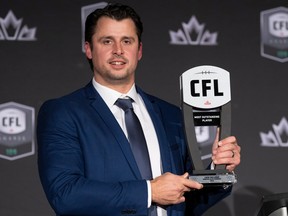 WInnipeg Blue Bombers quarterback Zach Collaros, shown on Thursday night, is a back-to-back winner of the CFL's most-outstanding-player award.