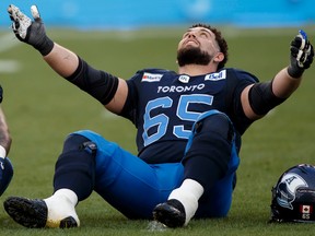 Toronto Argonauts offensive lineman Dariusz Bladek, shown in this file photo from 2021, is poised to participate in the Grey Cup for the first time.