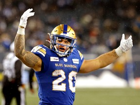 Brady Oliveira rushed for 130 yards to help the Winnipeg Blue Bombers defeat the visiting B.C. Lions 28-20 in Sunday's CFL West Division final.