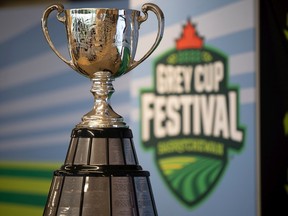 The Grey Cup trophy sits on a table during a Grey Cup Festival announcement at Mosaic Stadium on Thursday, July 7, 2022 in Regina.