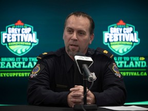 Insp. Chris Jackiw of the Regina Police Services speaks to the media during a briefing on transportation, logistics and safety ahead of the start of the 2022 Grey Cup Festival at Mosaic Stadium on Monday, Nov. 14, 2022 in Regina.