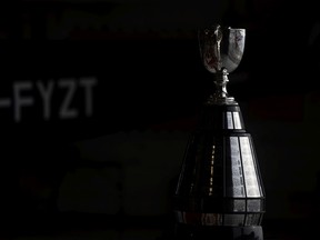 The Grey Cup sits in the Snowbirds Blue Hangar tarmac after being delivered by a Royal Canadian Air Force aircraft on Monday, November 14, 2022 in Moose Jaw.