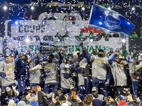 The Toronto Argonauts celebrate Sunday's 24-23 Grey Cup victory over the Winnipeg Blue Bombers at Mosaic Stadium.