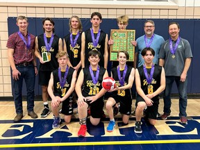 The Hepburn Hawks are shown with their gold medals after the Saskatchewan High Schools Athletic Association 2A boys volleyball championship at Harvest City Christian Academy on Saturday.