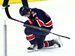The Regina Pats' Tanner Howe celebrates a goal against the Red Deer Rebels on Saturday at the Brandt Centre.