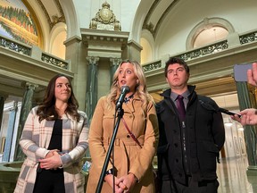 Stefanie Hutchinson, Caitlin Erickson and Coy Nolin, former students of Legacy Christian Academy, speak to the media after raising concerns about allegations of abuse at the school and what they call unacceptable learning material.