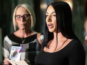 Terri McKeever, left, and Ashley Turner, the mother and sister of the late Shayne Turner, speak at the Legislative Building on Tuesday, November 22, 2022 in Regina.  Shayne Turner who, last November, died of an overdose after being discharged from the Regina General Hospital without the support he needed.