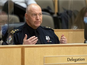 Regina Police Service Chief Evan Bray responds to questions from city council in response to a presentation on the proposed RPS budget at City Hall on Wednesday, December 15, 2021 in Regina.