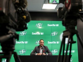 Saskatchewan Roughriders president-CEO Craig Reynolds meets the media Tuesday after the CFL team retained head coach Craig Dickenson and general manager Jeremy O'Day while discarding offensive assistants Jason Maas, Stephen Sorrells and Travis Moore.