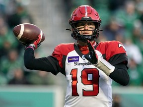 Bo Levi Mitchell, shown with the Calgary Stampeders during the CFL's 2021 West Division semi-final against the host Saskatchewan Roughriders, is mulling over his football future.
