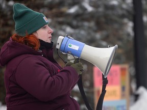 Caitlin Cottrell speaks to crowd during a solidarity protest and call to action is a protest being held at the Legislative Building by Abortion is Healthcare, Planned Parenthood Regina and the Saskatoon Sexual Health Clinic on Wednesday, November 9, 2022 in Regina.