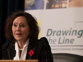 Minister of Justice and Attorney General, Bronwyn Eyre speaks during a press conference on the introduction of the Saskatchewan First Act at the Saskatchewan Legislative Building on Tuesday.