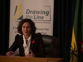Minister of Justice and Attorney General, Bronwyn Eyre speaks during a press conference on the introduction of the Saskatchewan First Act at the Saskatchewan Legislative Building on Tuesday, November 1, 2022 in Regina.