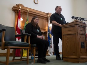 Jolene Van Alstine who is one of the 36,000 Saskatchewan people currently waiting for surgery sits beside by her partner Miles Sundeen who speaks to the media about their challenges.