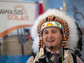 Chief Cadmus Delorme speaks at the grand opening of the Cowessess First Nation 10MW Awasis Solar Facility on Wednesday, November 9, 2022 just east of Regina.