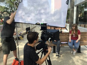 L-R Ian Campbell, Jeremy Ratzlaff, Adrienne Adam and Morgan Kelly filming a scene for Resting Potential. Supplied photo.