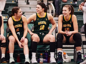 Left to right: Cara Misskey, Jade Belmore and Julia Vydrova have helped the University of Regina Cougars become a fixture atop the U Sports women's basketball rankings.