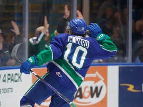 Mathew Ward of the Swift Current Broncos celebrates one of the 12 goals he has scored this season. Ward has a team-high 27 points and is tied with Josh Filmon for the Broncos' lead in goals.