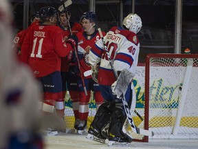 The Regina Pats celebrate a goal against the Edmonton Oil Kings on Wednesday at the Brandt Centre.