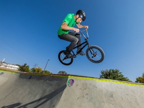 Tom Ray, who is 69 years old, rides the bowl at the Lions Skate Park in Saskatoon, Sept. 12, 2022.
