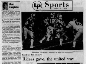 Halaman depan 14 September 1974 Regina Leader-Post bagian olahraga, melaporkan tawaran comeback yang hampir ajaib yang dipandu oleh quarterback Saskatchewan Roughriders Randy Mattingly selama pertandingan kandang melawan Edmonton.