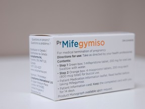 A box of Mifegymiso, or the abortion pill, sits on a counter at a local pharmacy on Friday, June 17, 2022 in Regina. Mifegymiso is a two-part oral medication that includes mifepristone and misoprostol, used to terminate pregnancies within nine weeks of conception.