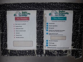 A sign showing the rules for the community fridge at 3037 Dewdney avenue is posted on the fridge door on Nov. 28, 2022 in Regina.