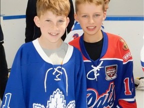 B.C. Junior Canucks teammates Andrew Cristall, left, and Connor Bedard are shown at The Brick Invitational Tournament at West Edmonton Mall in July of 2015. Bedard is shown wearing a Saskatchewan Junior Pats sweater he received in a jersey exchange with Shaunavon's Kalan Lind. Cristall is now a member of the Kelowna Rockets. Lind plays for the Red Deer Rebels.