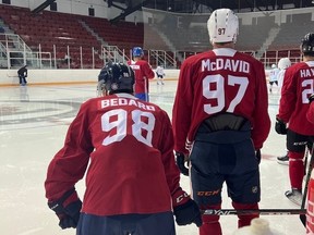 The Regina Pats' Connor Bedard and the Edmonton Oilers' Connor McDavid at the BioSteel NHL Camp in the summer of 2022.