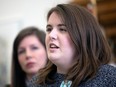 Jennifer Fuller, who nearly became homeless after her landlord defaulted on their mortgage this fall, speaks during a news conference called by the NDP at the Legislative Building on Monday, December 5, 2022 in Regina.