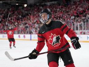 Connor Bedard, shown earlier this week at the world junior hockey championship, had four assists Saturday to help Canada defeat Sweden 3-1 in Halifax.